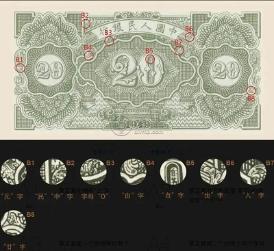 民国钞票的暗记设计通常采用微缩文字等手法